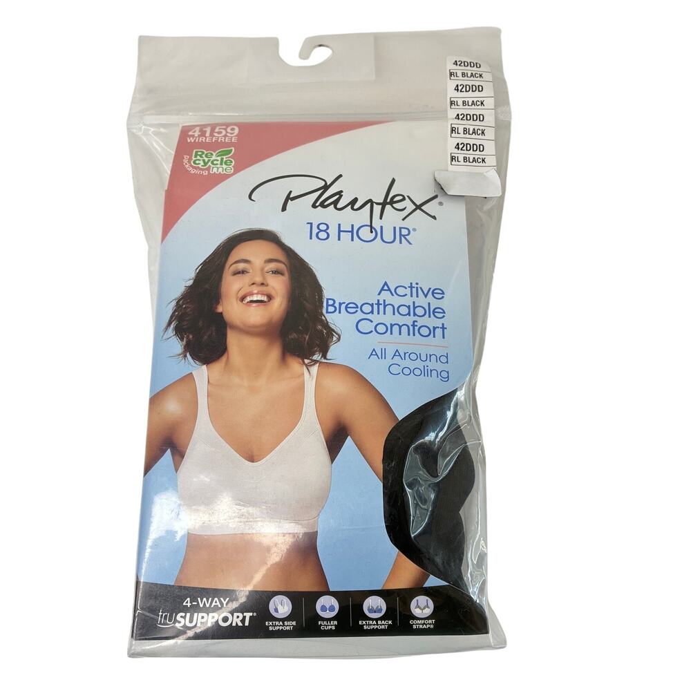 Playtex 4159 Wirefree 18 Hour Active Breathable Comfort Bra Black NWT 42DDD